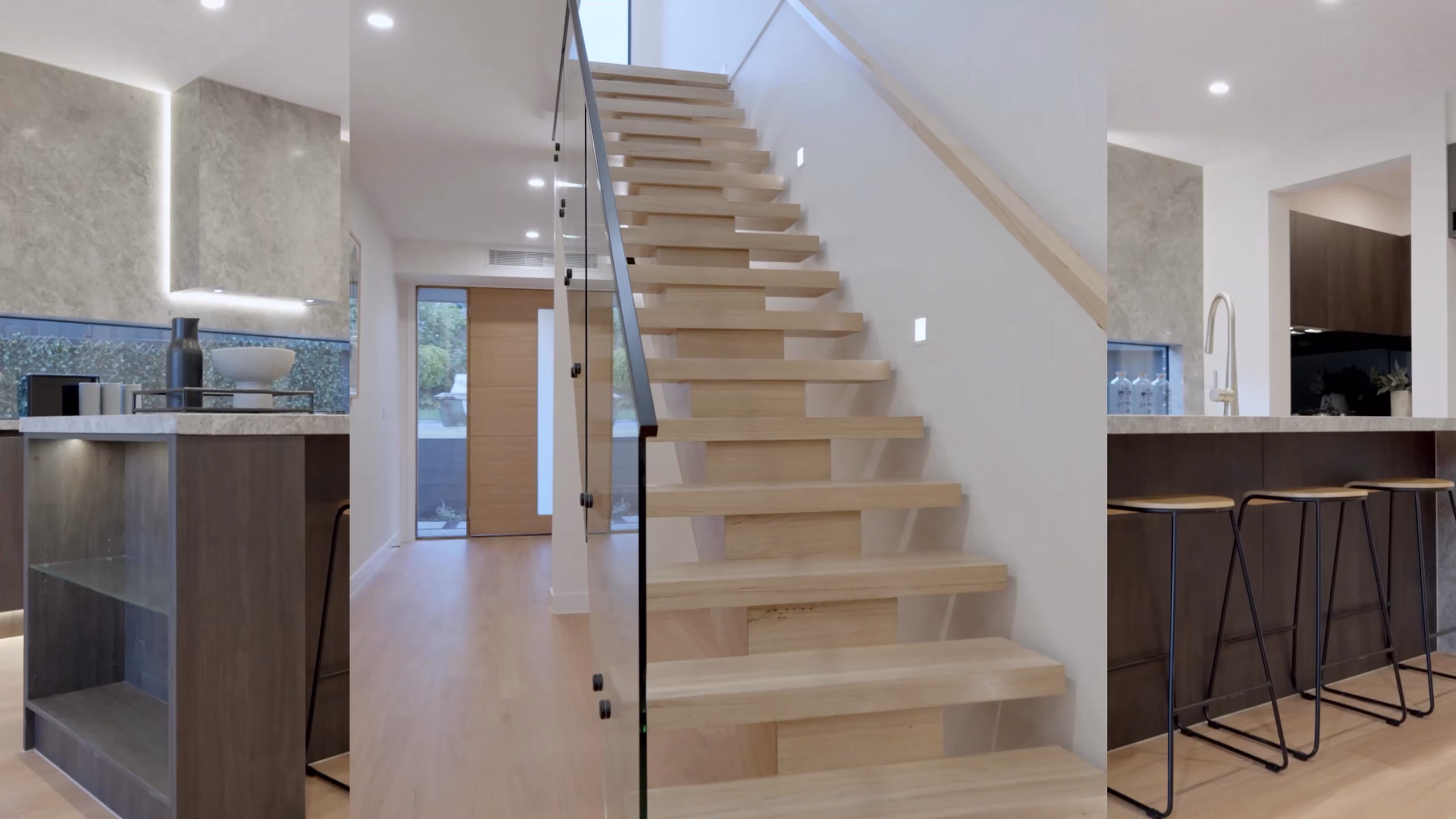 Longmere floating timber stair with a glass balustrade